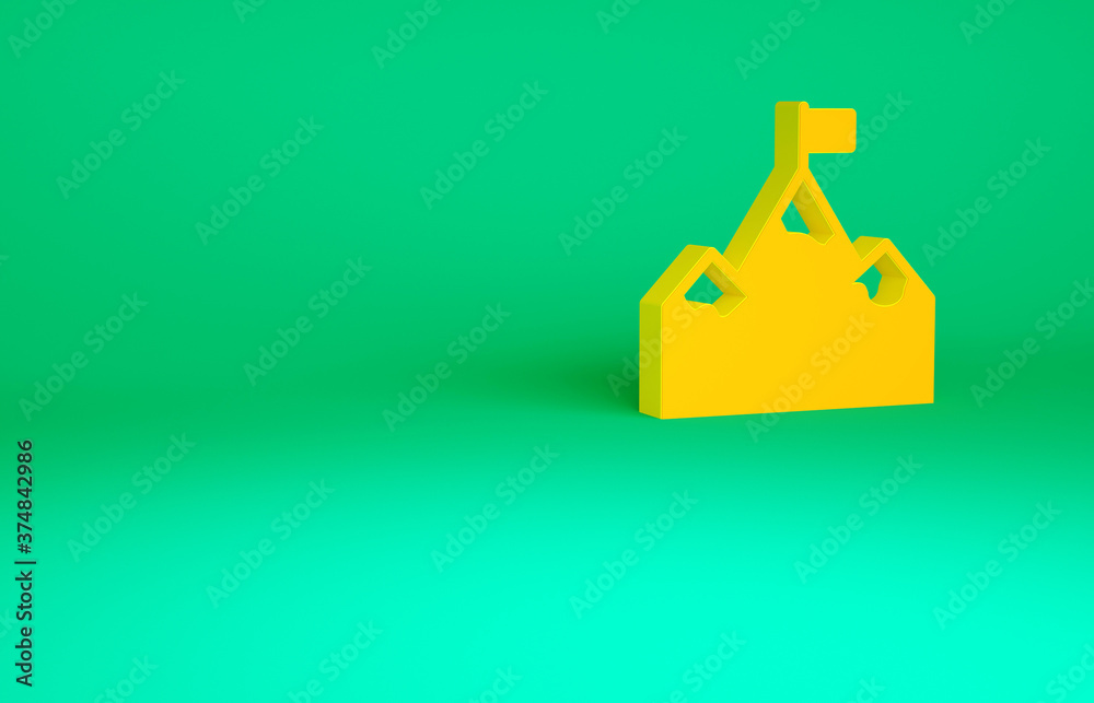 Orange Mountains with flag on top icon isolated on green background. Symbol of victory or success concept. Goal achievement. Minimalism concept. 3d illustration 3D render. Orange Mountains with flag on top icon isolated on green background. Symbol of victory or success concept. Goal achievement. Minimalism concept. 3d illustration 3D render.