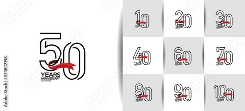Anniversary set logotype style with black color and red ribbon. vector design for template element, invitation, greeting card and celebration purpose