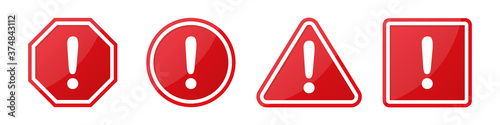 Set of hazard attention sign with exclamation mark in different shapes in red