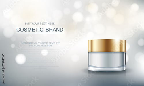 cosmetic product poster, bottle package design with moisturizer cream or liquid, sparkling background with glitter polka.
