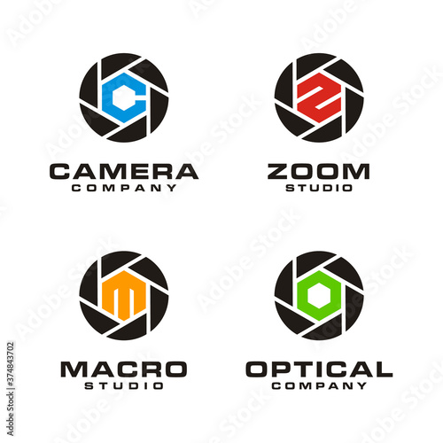 Shutter aperture camera lens logo design with initial Letter C Z S M O for photo, photography or photographer business