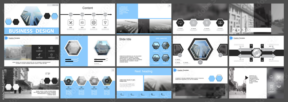 Business infographic presentation templates, blue and black elements on ...