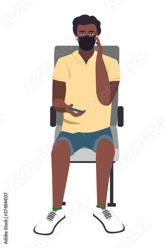 Seating African young guy with medical face mask using smartphone. Vector illustration. Train passenger with protective mask texting on mobile phone. Travel safely on public transport