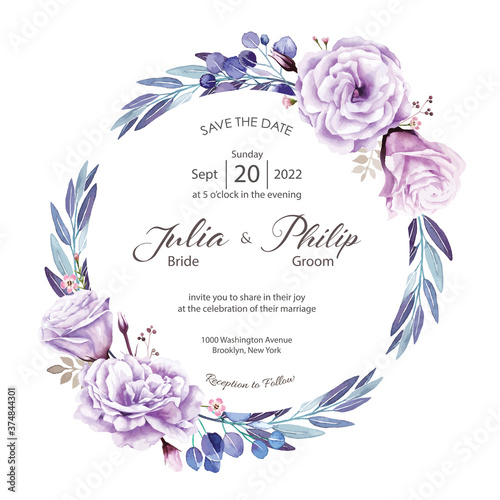 wedding invitation card on white background. Vector. Purple rose, Wax flower, Silver dollar plant.