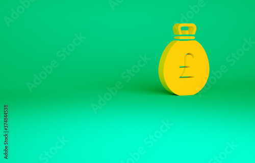 Orange Money bag with pound icon isolated on green background. Pound GBP currency symbol. Minimalism concept. 3d illustration 3D render.