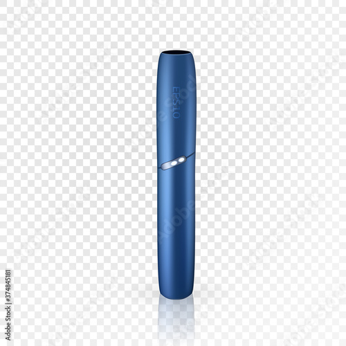 Smoke electronic iqos cigarette icon. Realistic illustration of blue electronic cigarette. Vector icon for web design