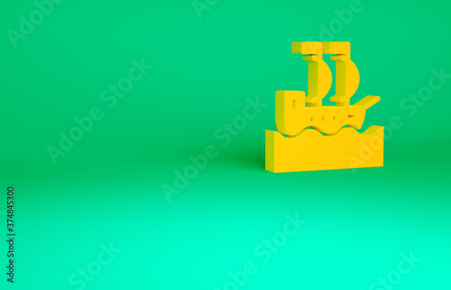 Orange Sailboat or sailing ship icon isolated on green background. Sail boat marine cruise travel. Minimalism concept. 3d illustration 3D render.