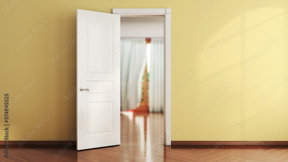 Fototapeta premium empty room in light currents with an open door and a place for text on the wall 3d render image