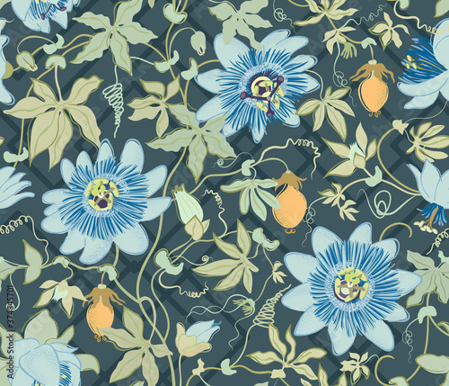 Passionflower illustration, Climbing vines seamless pattern, floral background