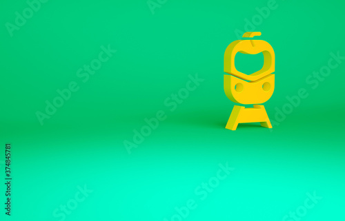Orange Train and railway icon isolated on green background. Public transportation symbol. Subway train transport. Metro underground. Minimalism concept. 3d illustration 3D render.