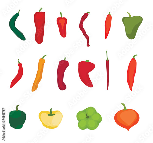Vector graphics.Hand drawn.Isolated on a white background.Comic and doodle style chili peppers.Illustration for flyer,poster,wallpaper,web,invitation,greeting card,menu.Set of different types peppers.