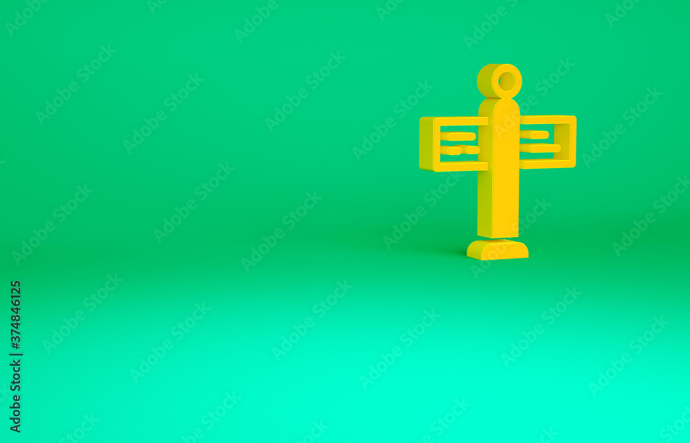 Orange Road traffic sign. Signpost icon isolated on green background. Pointer symbol. Street information sign. Direction sign. Minimalism concept. 3d illustration 3D render. Orange Road traffic sign. Signpost icon isolated on green background. Pointer symbol. Street information sign. Direction sign. Minimalism concept. 3d illustration 3D render.