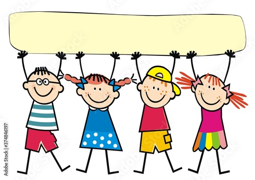 Four kids and blank banner, funny conceptual vector illustration