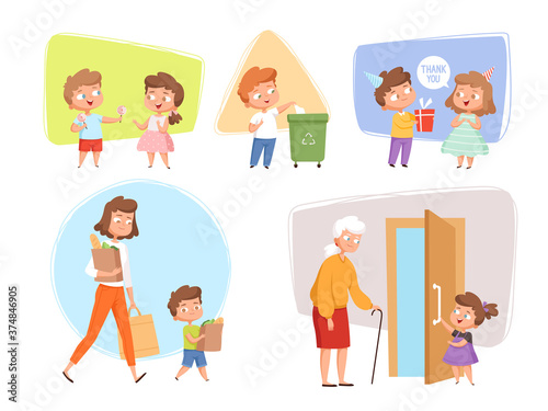 Good manners. Perfect behaving kids obedient peoples offers childrens talking with elder person vector characters. Illustration polite manners and etiquette, courteous respect