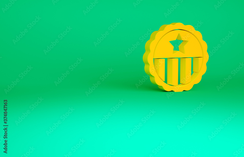 Fototapeta premium Orange Medal with star icon isolated on green background. Winner achievement sign. Award medal. Minimalism concept. 3d illustration 3D render.
