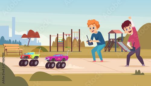 Radio toys. Happy excited kids playing with smart radio controlled cars vector cartoon characters. Play radio car toy, illustration childhood game