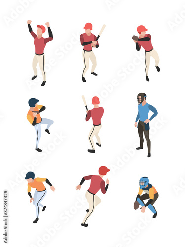 Baseball isometric. Sport game team people in action poses running standing baseball pitcher vector illustration. Baseball sport, game player