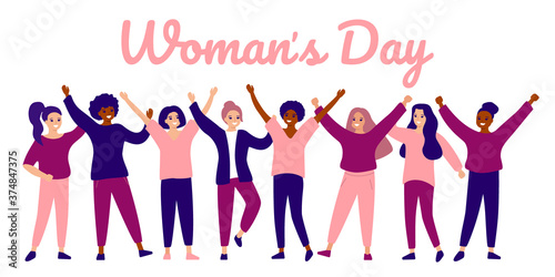Happy group female of different ethnicity. International womens day. Women empowerment movement. Vector illustration