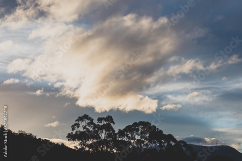 sunset sky with beautiful clouds over the hills of Tasmania with eucalyptus gum trees silhouettes