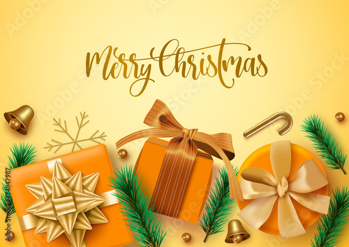 Merry christmas vector background template. Merry christmas text in empty space for messages with orange gifts and golden xmas decor for holiday celebration card. Vector illustration  
