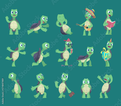 Turtles cartoon. Comic reptile funny characters in various action poses nature wild animals vector turtles illustrations. Reptile, turtle, tortoise animal mascot collection