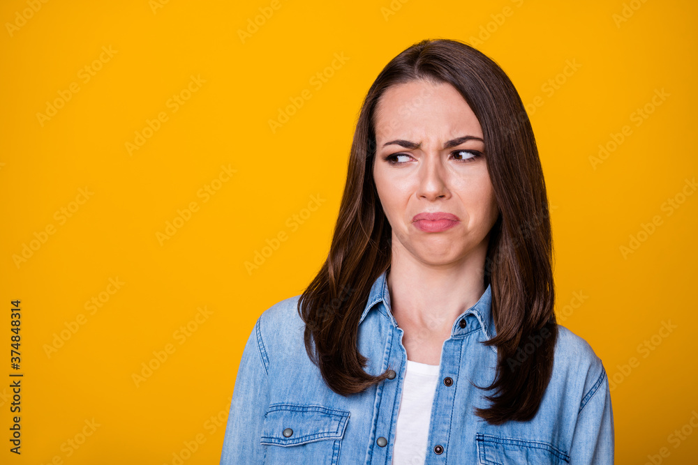 Fototapeta premium Portrait of frustrated girl look copyspace dislike spoiled scent wear casual style clothes isolated over vivid color background