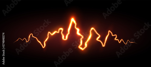 Realistic orange lightning with sparks and glow, vector illustration