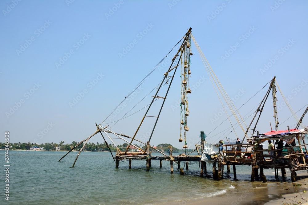 Stationary Chinese fishing nets (Cheena vala) or shore operated lift nets in Kochi Fort, Cochin, India