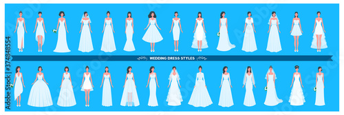 Wedding dress collection. Different styles and shapes. A large set of various dresses. Young adult women brides. A vector cartoon illustration.