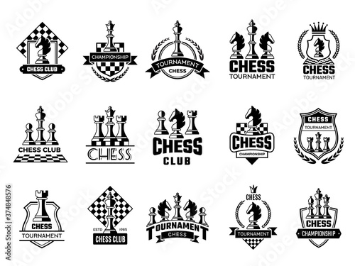 Chess labels. Sport stylized silhouettes of chess figures knight rook pawn vector illustration of badges. Emblem chess competition, queen and king