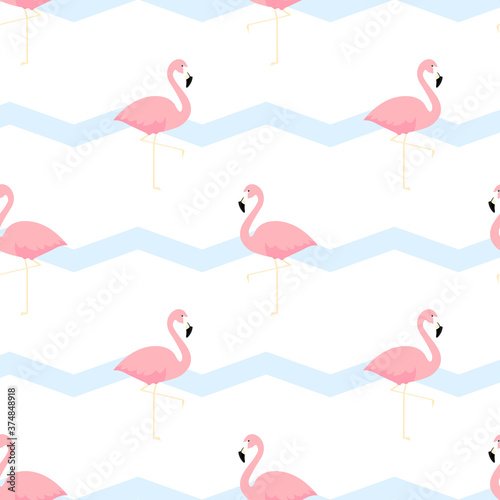 Flamingo seamless pattern vector illustration white background. Pink tropical birds with blue wave lines. Exotic art design for fabric and wallpaper.