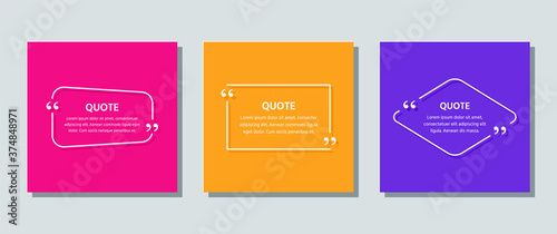 Quote frame template. Quotations text box. Vector. White info comments in textboxes on color background. Cards with phrases in brackets. Set of speech bubble messages. Colorful illustration.