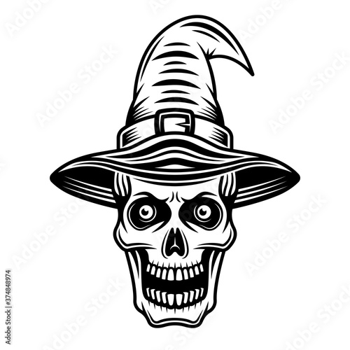 Skull of witch in hat vector black graphic object