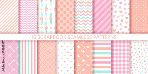 Scrapbook seamless pattern. Baby girl background. Vector. Set baby shower textures with stripe, zigzag, polka dot, heart, plaid. Cute print. Pastel pink illustration. Packing paper. Geometric backdrop