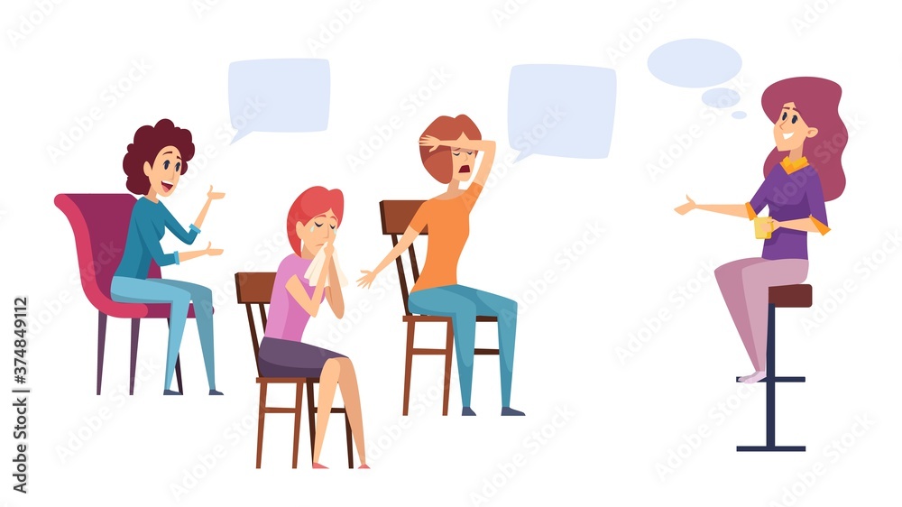 Female discussion club. Women group therapy, mental problems and therapist. Coaching or mentorship for girls vector illustration. Group discussion therapy, psychology conversation