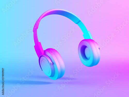 Headphones in vibrant neonlight on blue and pink gradient background. Minimal art. 3d render. photo