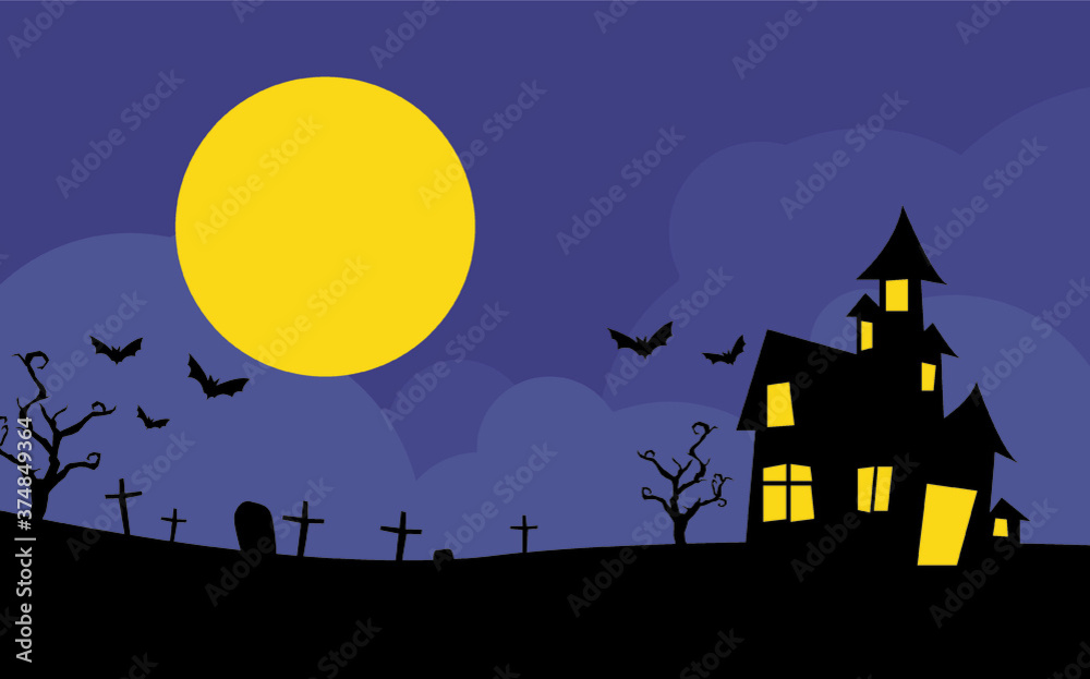 Happy halloween with night scene for landing page. Halloween with witch fly on the sky vector illustration background for presentation. haunted house and full moon. Halloween celebrate template design