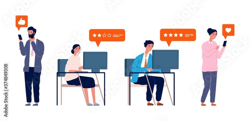 People posting review. Woman man give rating, writing feedback in social media or online store vector illustration. People social review online, post internet