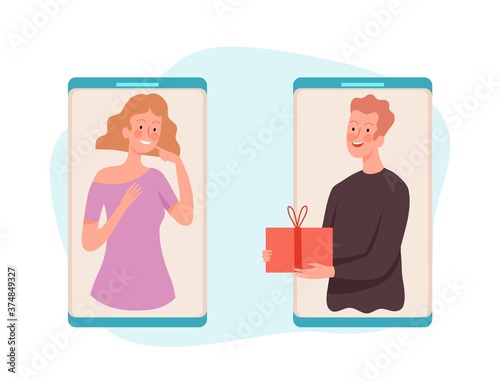 People with gift. Man gives box woman, online present service vector illustration. Gift box online, woman surprise, birthday party