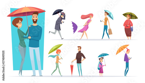 People with umbrella. Raining day walking adults male and female holding umbrella in hands vector characters. Illustration man protect raincoat, people downpour