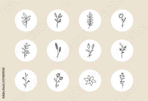 Feminine flower story highlight covers. Abstract line leaf branch icons for social media hand drawn boho style. Minimal vector illustration