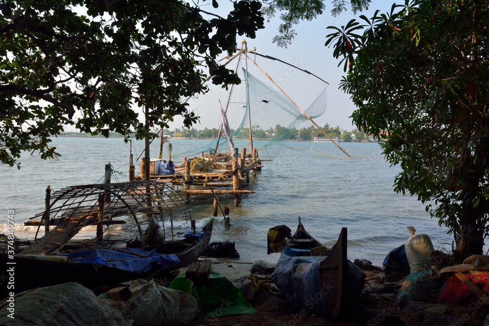Stationary Chinese fishing nets (“Cheena vala” in Telugu) or shore