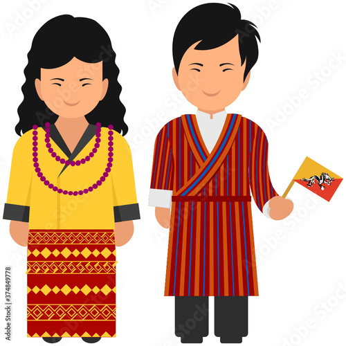 
Male and female wearing traditional dress of bhutan, bhutan clothing 

