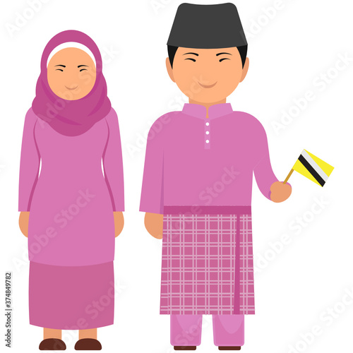 
Pink cultural dresses worn by couple, brunei dress depiction in flat vector
