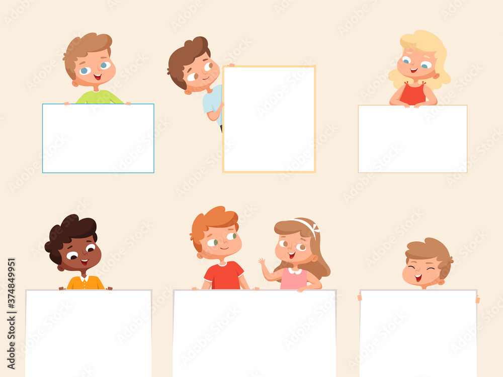 Kids holding banner. Empty posters or frames for text blank banner with happy smiling children vector portraits of kids boys and girls. School young children holding banner illustration Kids holding banner. Empty posters or frames for text blank banner with happy smiling children vector portraits of kids boys and girls. School young children holding banner illustration