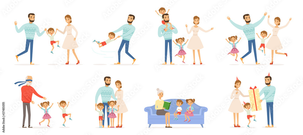 Fototapeta premium Family characters. Happy kids with parents in action poses father childrens mother and grandparents couples of family groups vector people. Illustration happy family character action