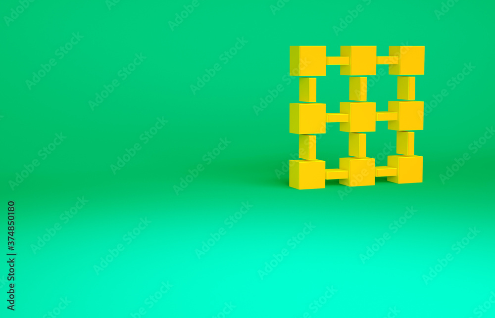 Orange Blockchain technology icon isolated on green background. Cryptocurrency data. Abstract geometric block chain network technology business. Minimalism concept. 3d illustration 3D render. Orange Blockchain technology icon isolated on green background. Cryptocurrency data. Abstract geometric block chain network technology business. Minimalism concept. 3d illustration 3D render.