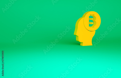 Orange Bitcoin think icon isolated on green background. Cryptocurrency head. Blockchain technology, digital money market, cryptocoin wallet. Minimalism concept. 3d illustration 3D render.