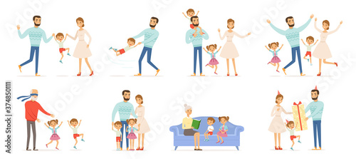 Family characters. Happy kids with parents in action poses father childrens mother and grandparents couples of family groups vector people. Illustration happy family character action