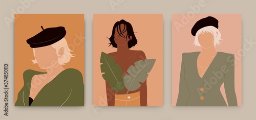 Abstract fashion posters. Set of young women portraits, hand drawn female silhouette, girl faces for blogging. Vector illustration